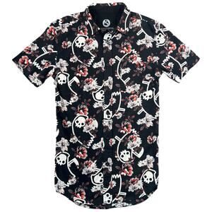 Threadless Obinsun Grim Skull Floral Button Up Shirt Black Goth Hawaiian - XS